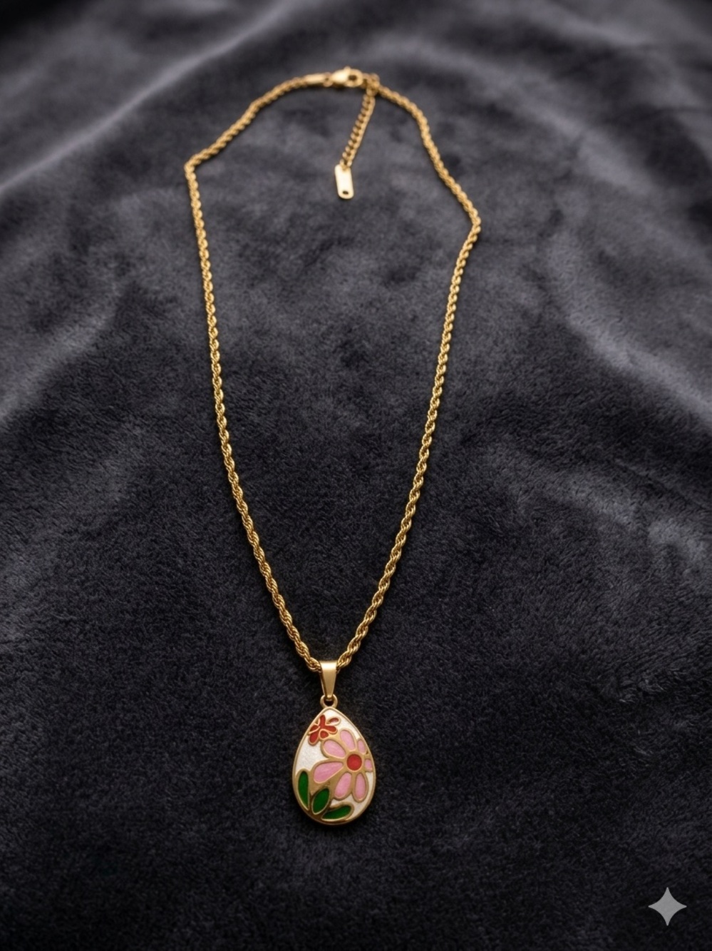 Gold-Tone Teardrop Necklace with Pink Floral Enamel Pendant - Women